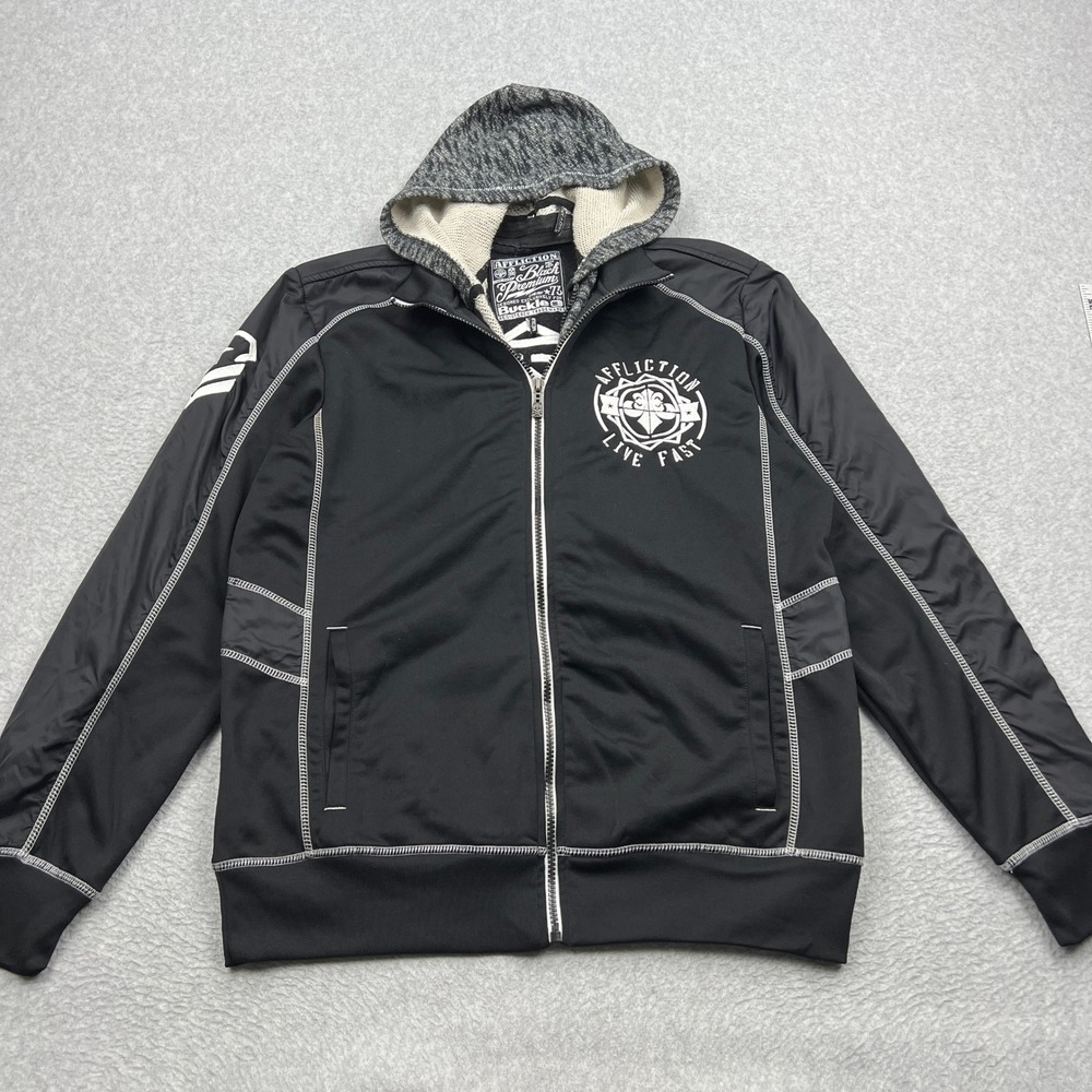 Affliction Massive Attack Jacket Mens Medium Black‎ Double Zip Hoodie Moto Biker